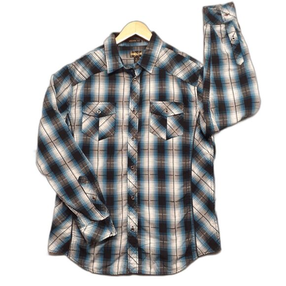 Helix Shirt Mens L Blue Black Plaid Button Down Western Roll Tab Sleeve Athletic - Picture 1 of 7